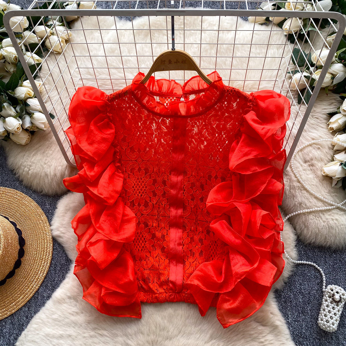 Top en dentelle à volants d’organza, taille unique — coloris