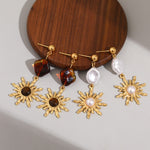 Boucles pendantes soleil martelé — perle nacrée ou ambre