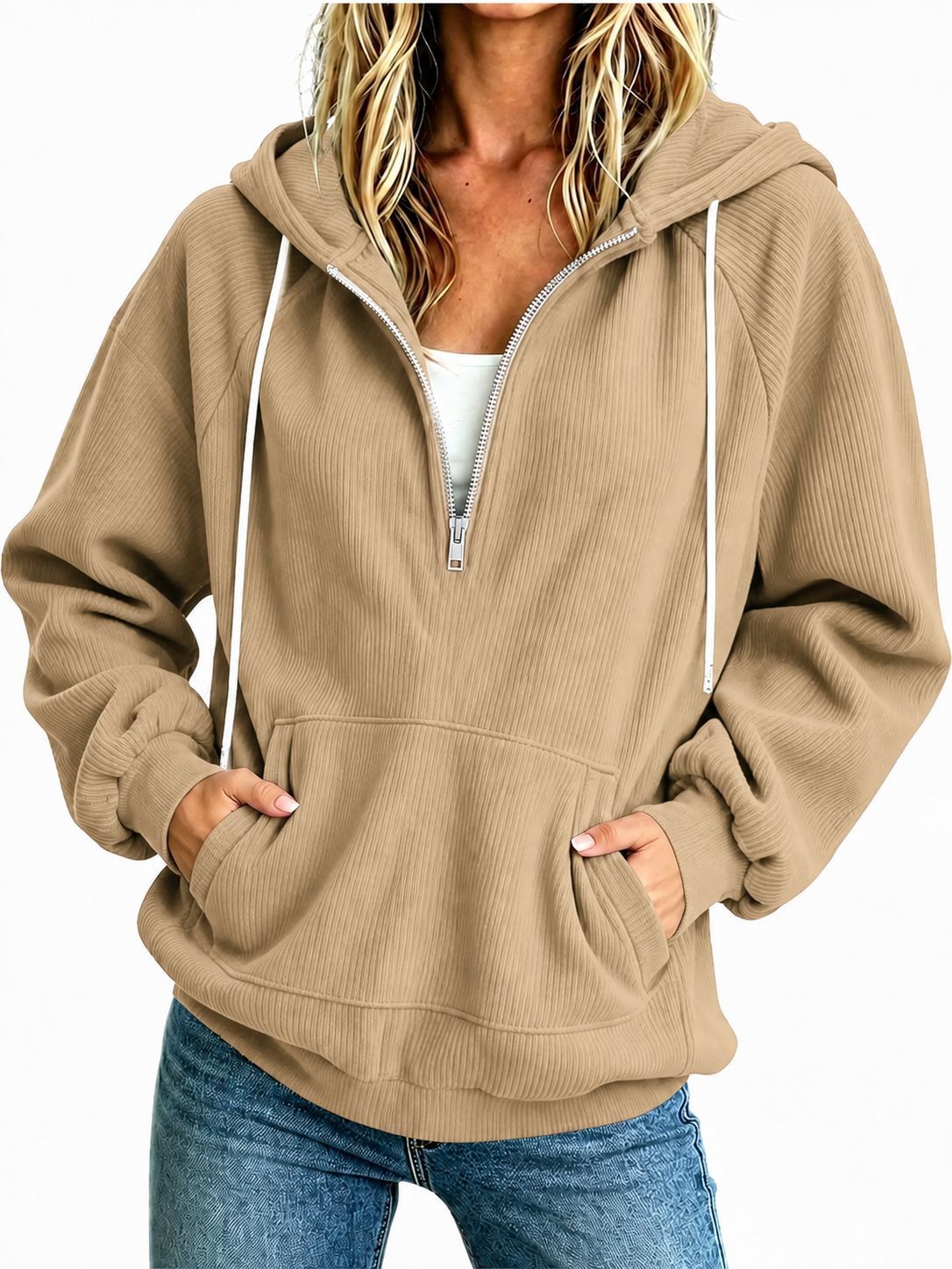 Sweat à capuche demi-zip — coupe ample, cordon de serrage