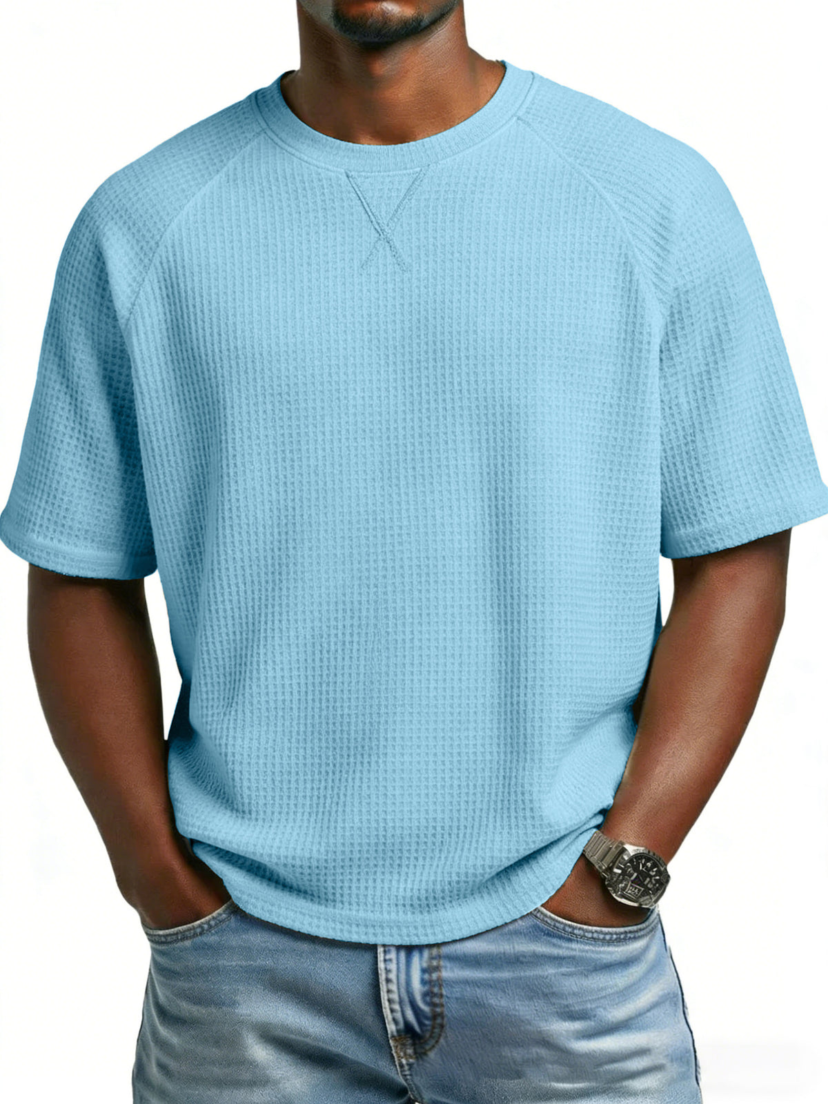 T-shirt homme en maille gaufrée — manches raglan, col rond — coloris