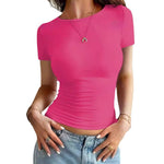 T-shirt court près du corps — col rond, maille extensible
