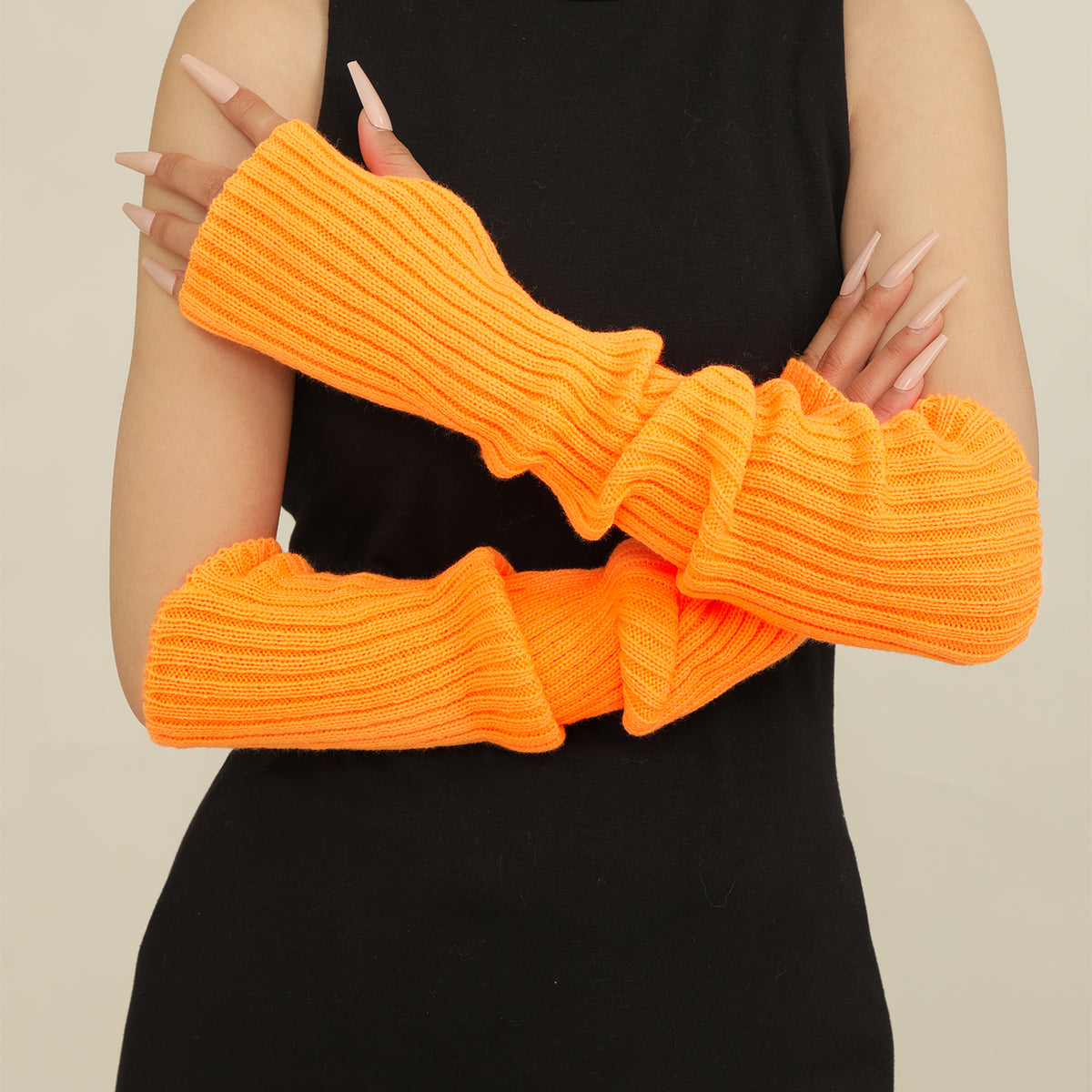 Longues manchettes en maille côtelée femme — mitaines 50 cm — coloris