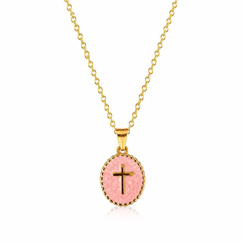 Collier croix ovale émaillée en acier inoxydable — pendentif 6 g, 3 coloris