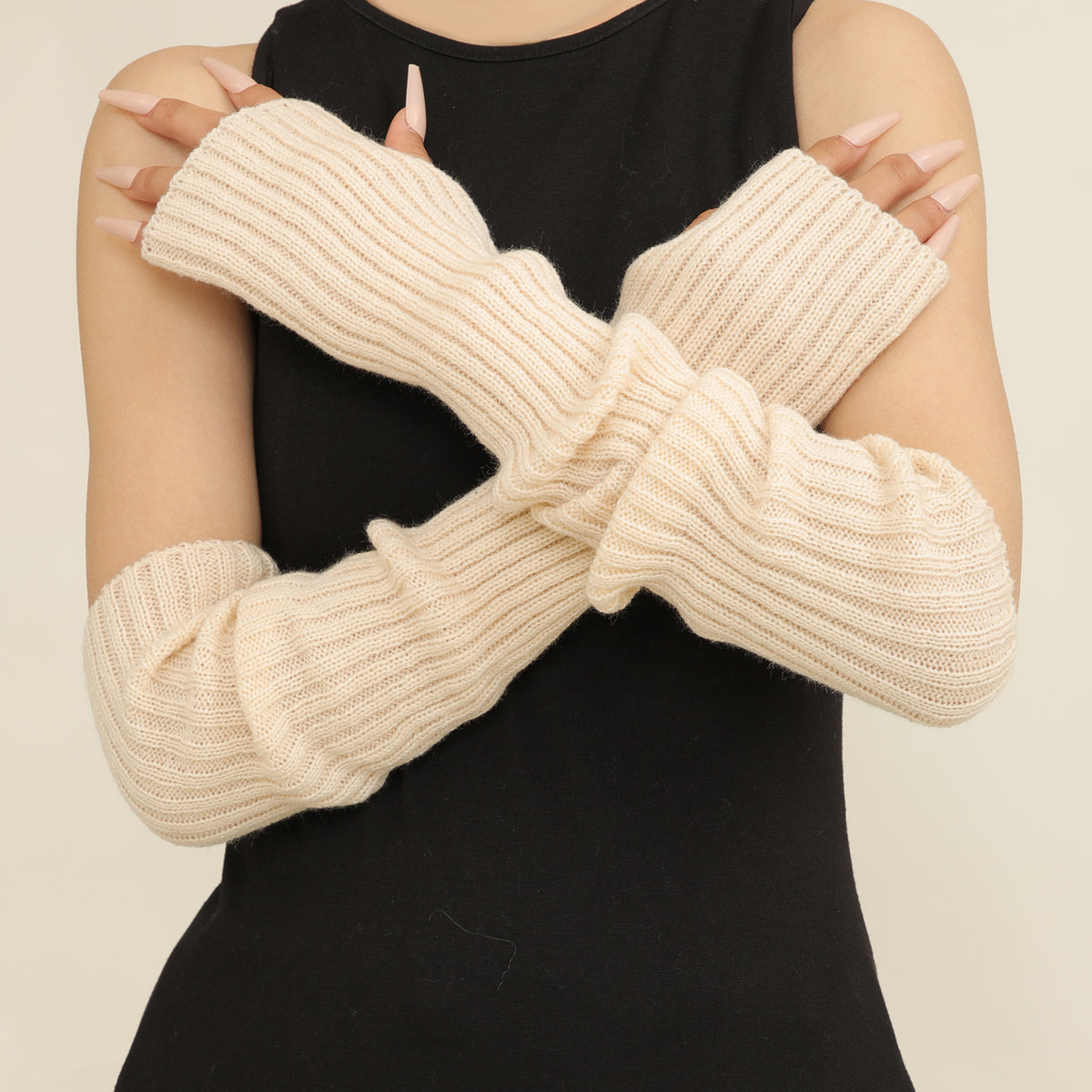 Longues manchettes en maille côtelée femme — mitaines 50 cm — coloris