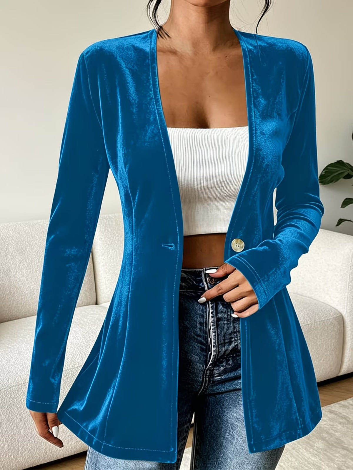 Veste ouverte en velours fluide, un bouton