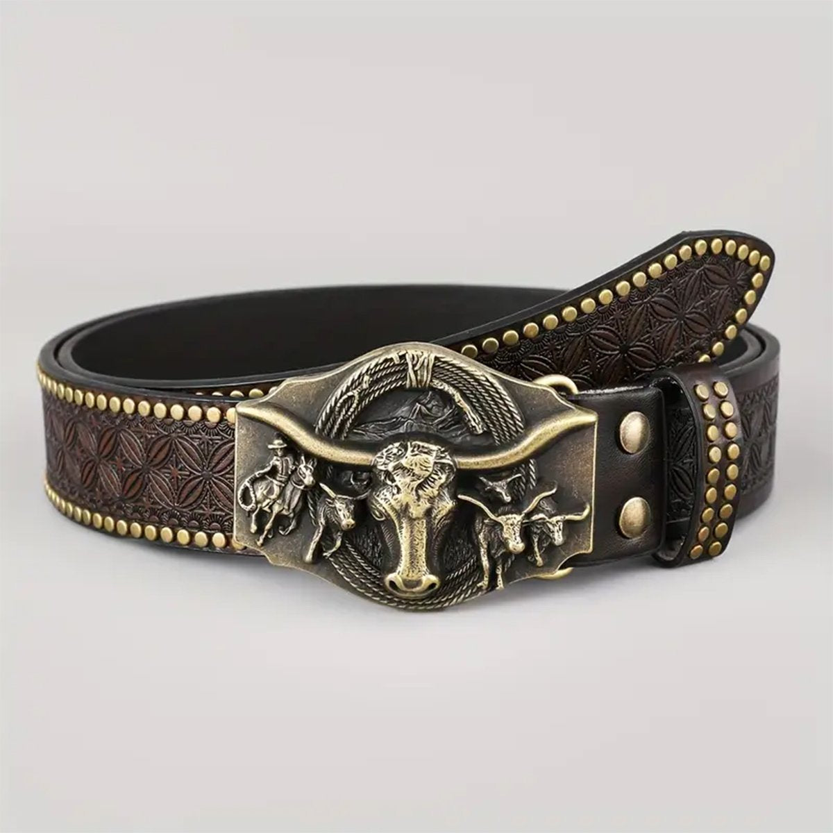 Ceinture homme en cuir clouté — gravure western, boucle appa — coloris