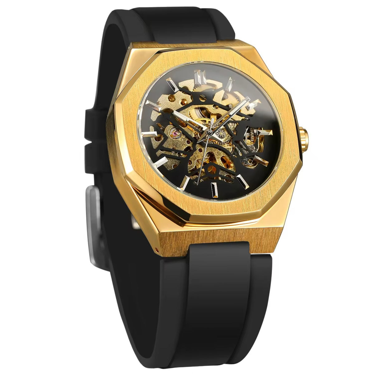 Montre automatique homme à boîtier octogonal et bracelet caoutchouc