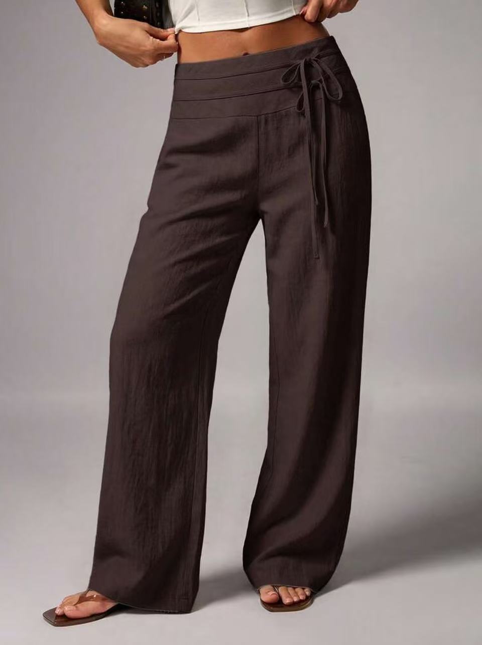 Pantalon large taille haute, ceinture à nouer — coloris