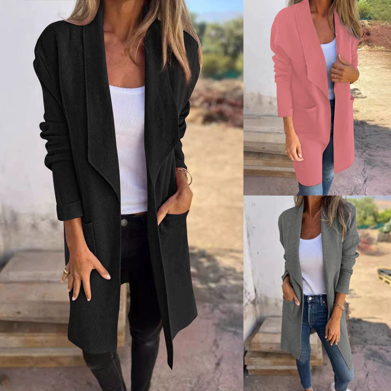 Manteau ouvert à col drapé, longueur mi-cuisse