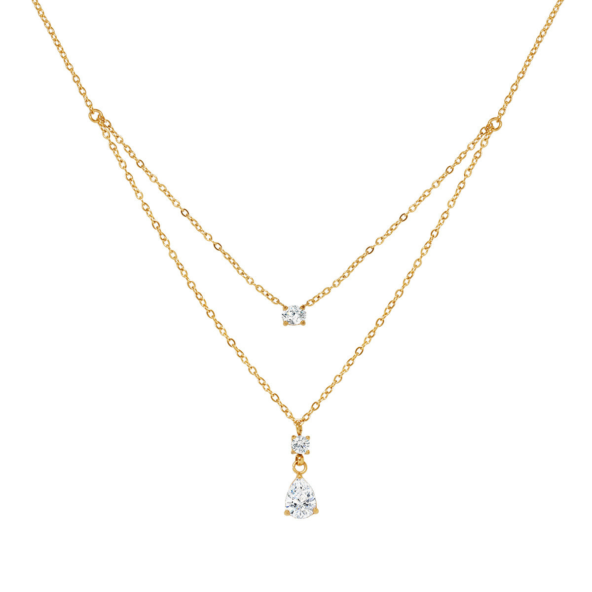 Collier double rang doré — petit zircon et goutte suspendue