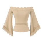 Top col Bardot à manches évasées bordées de dentelle