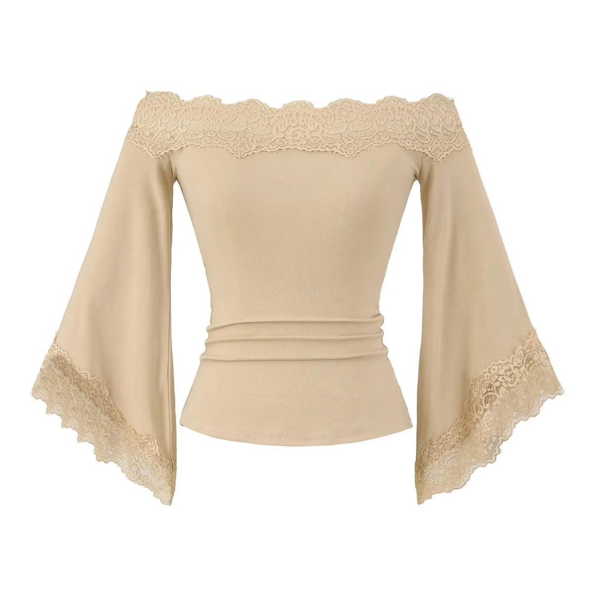 Top col Bardot à manches évasées bordées de dentelle