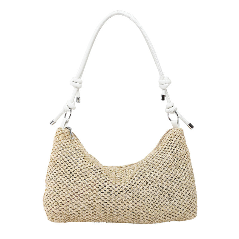 Sac d'épaule en paille tressée — anse nouée, poche intérieure