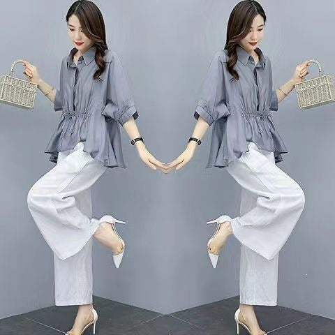 Ensemble 2 pièces grande taille — lin mélangé, pantalon larg — coloris
