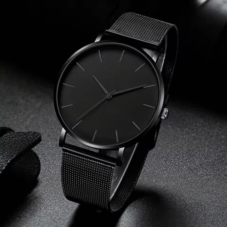 Montre homme noire ultra-fine, bracelet milanais