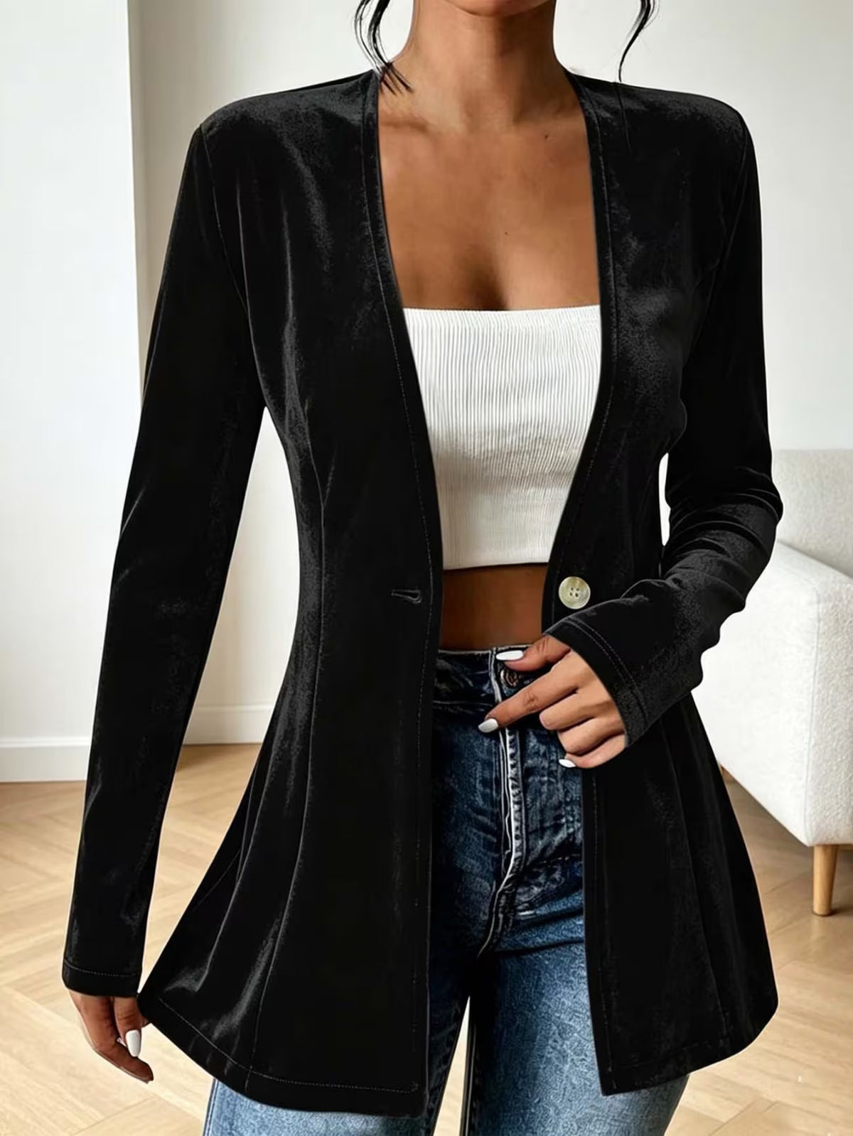 Veste ouverte en velours fluide, un bouton — coloris