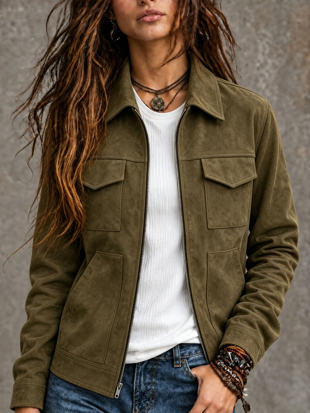 Veste zippée effet daim à poches poitrine — coupe droite