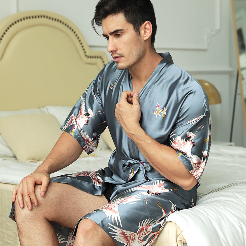 Robe de chambre mi-longue satinée à motif imprimé