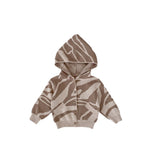 Gilet bébé à capuche en maille jacquard — motif zébré taupe et écru