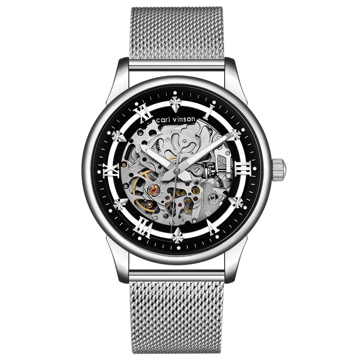 Montre automatique à cadran squelette et bracelet acier mail — coloris