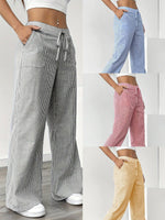 Pantalon large à fines rayures, taille élastiquée à cordon