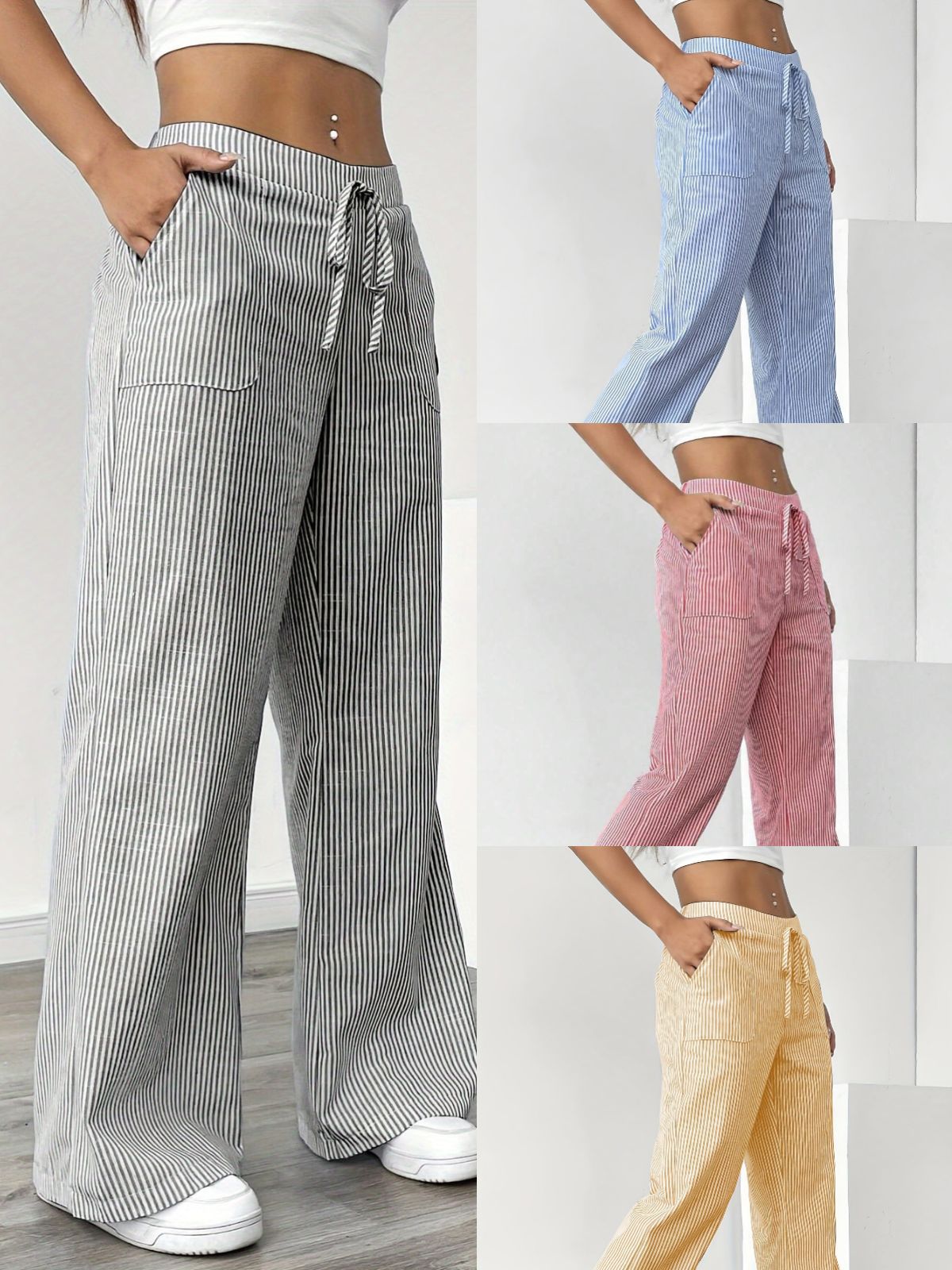 Pantalon large à fines rayures, taille élastiquée à cordon