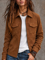 Veste zippée effet daim à poches poitrine — coupe droite — coloris