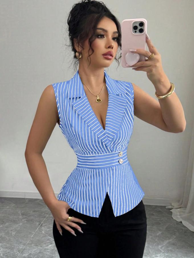 Top sans manches à col cranté, taille drapée