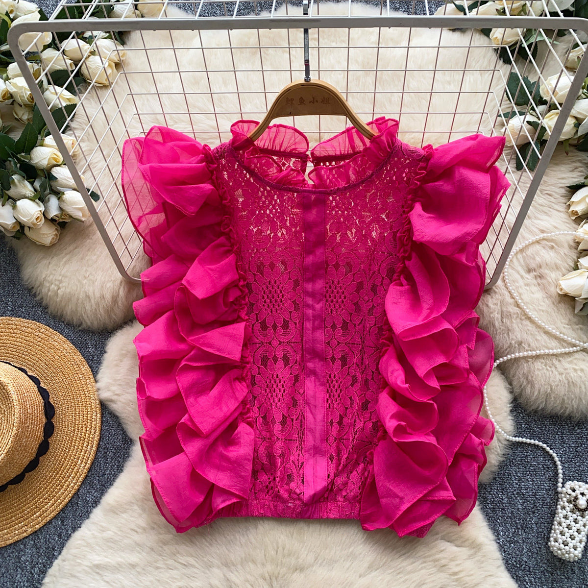 Top en dentelle à volants d’organza, taille unique — coloris