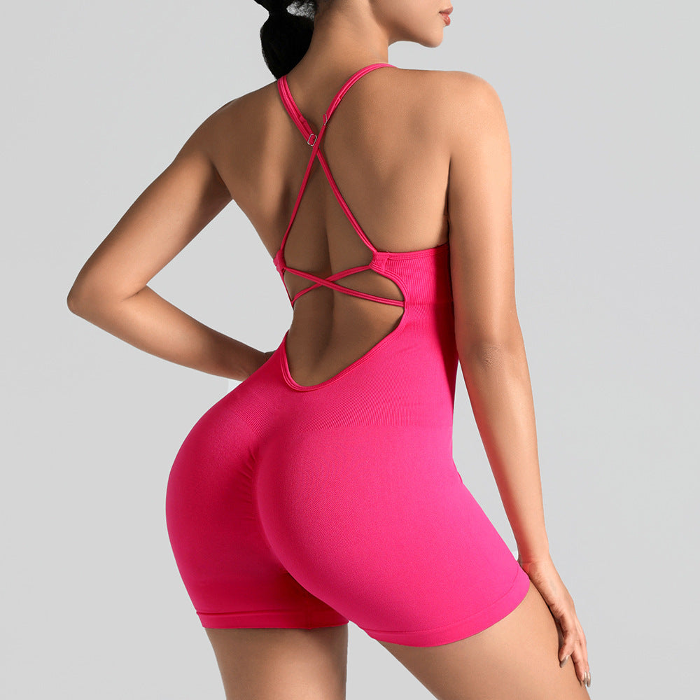 Combishort de sport sans coutures à dos croisé — avec coques