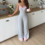 Pyjama gris en maille côtelée, caraco et pantalon à dentelle