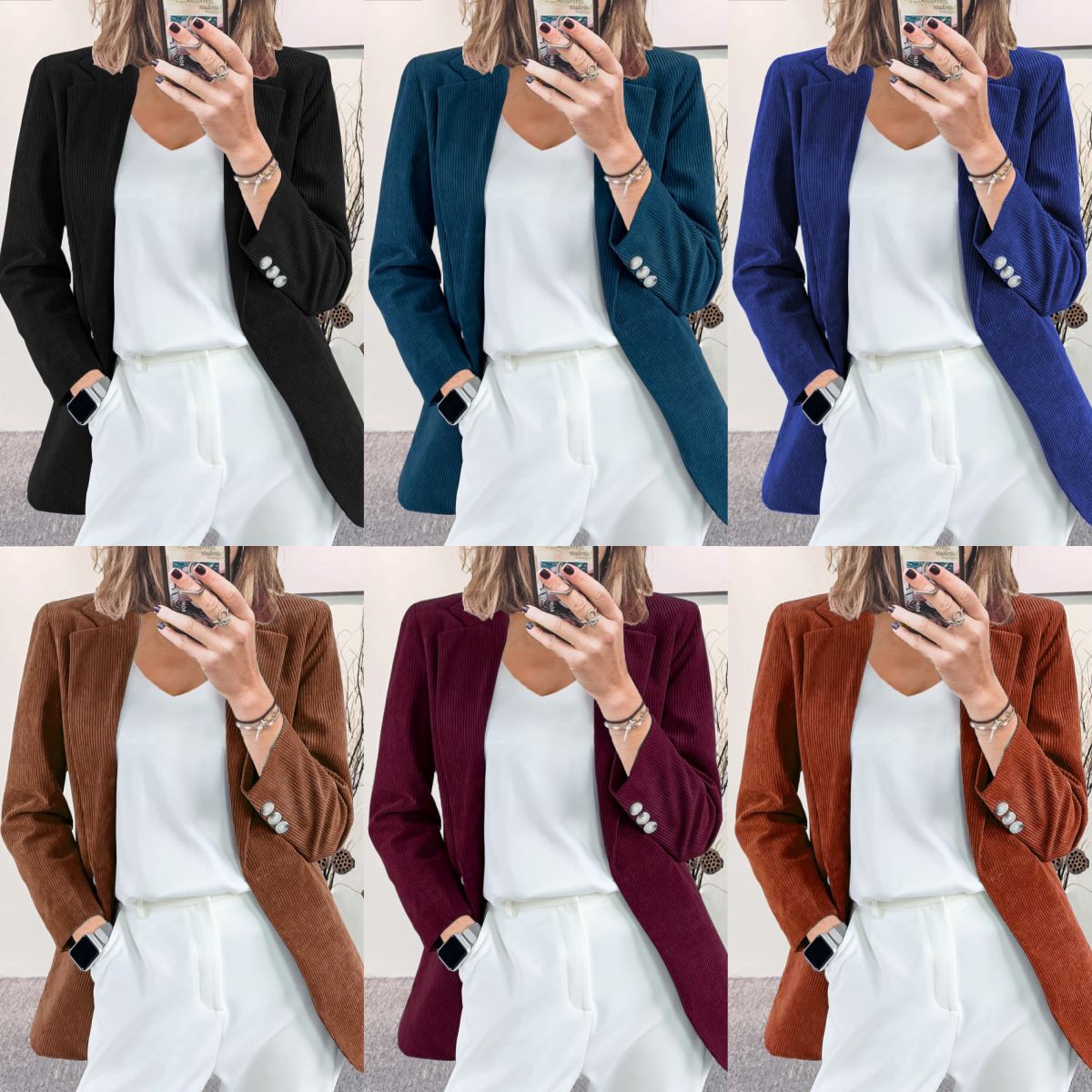 Blazer en velours côtelé sans boutons — coupe longue ajustée