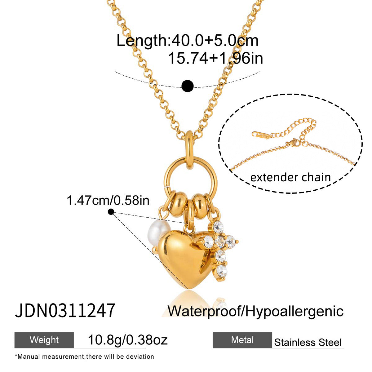 Collier cœur zircon en acier inoxydable — placage or PVD, 4  — coloris