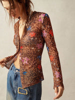 Chemise en tulle imprimé léopard et fleurs, manches évasées