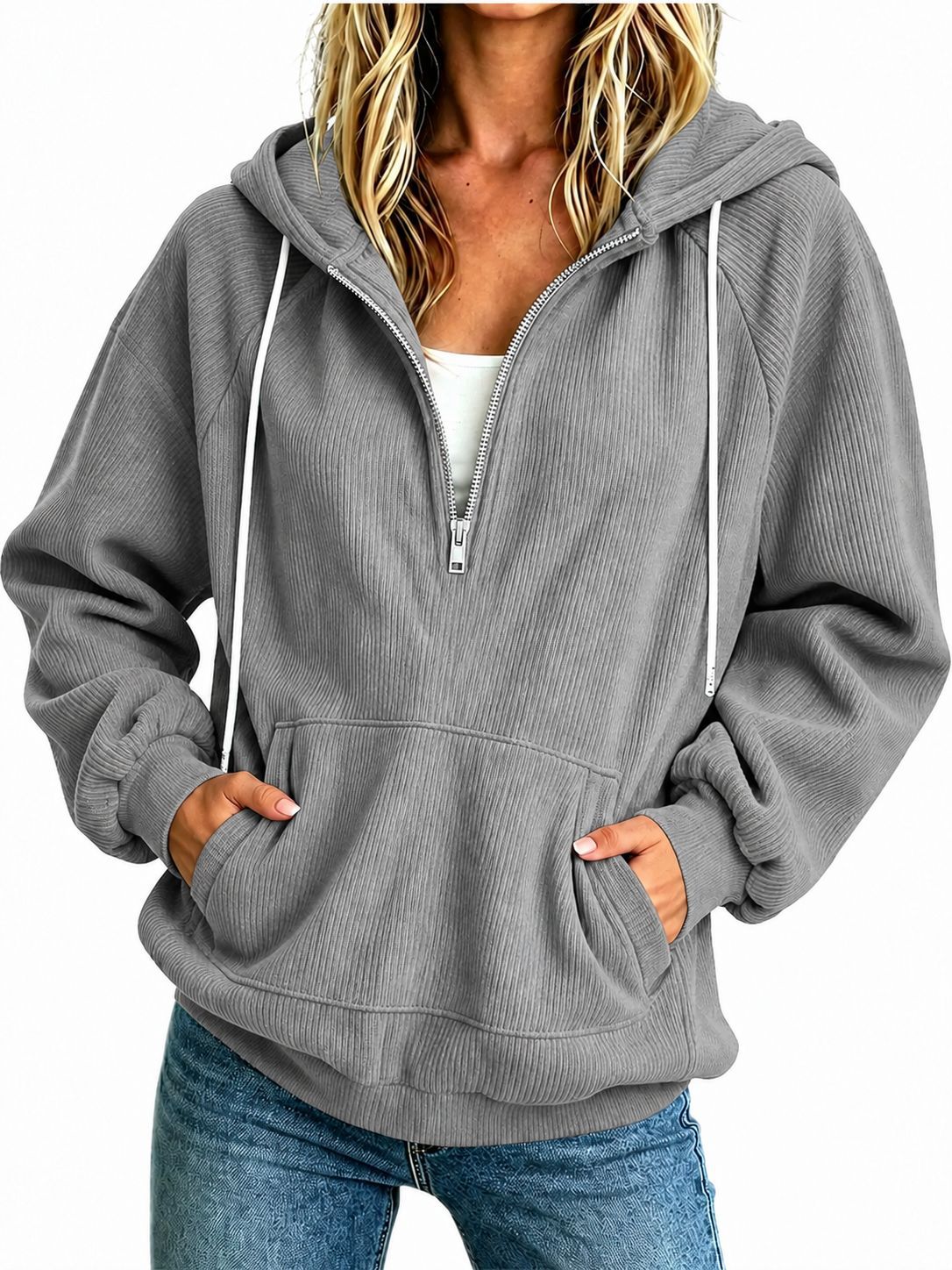 Sweat à capuche demi-zip — coupe ample, cordon de serrage
