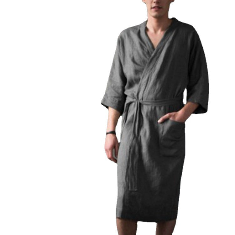Peignoir long uni en lin mélangé — mixte
