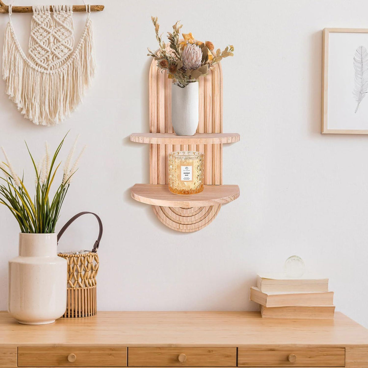Étagère murale arquée en bois, style bohème