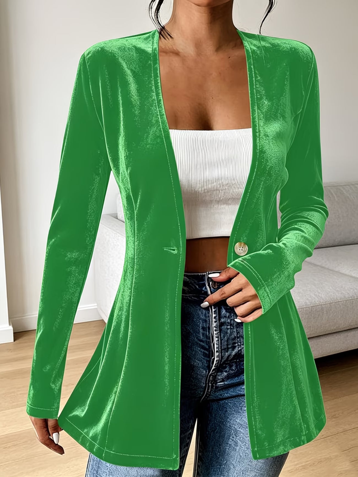Veste ouverte en velours fluide, un bouton — coloris