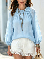 Blouse à manches lanternes, encolure à lien