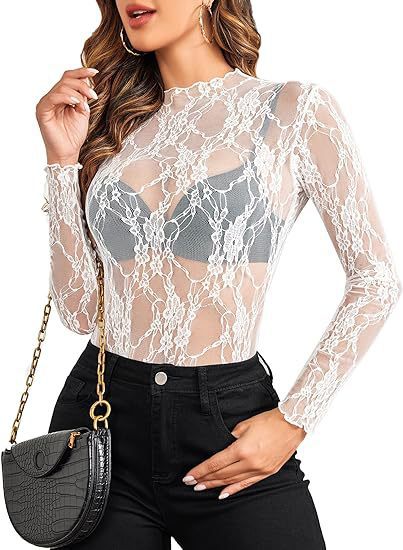 Top en dentelle florale à col montant, entièrement transpare — coloris