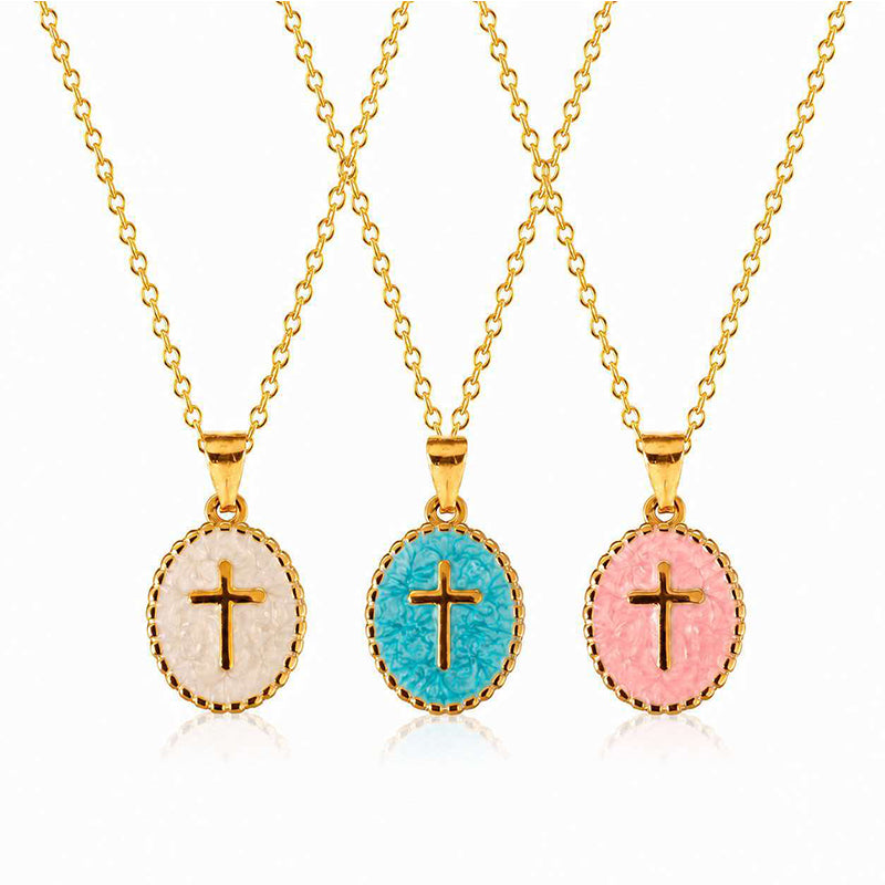 Collier croix ovale émaillée en acier inoxydable — pendentif 6 g, 3 coloris