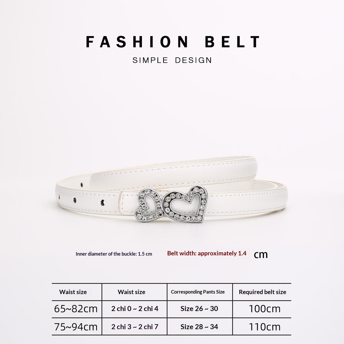Ceinture fine en cuir, boucle deux cœurs sertis