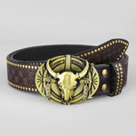 Ceinture homme en cuir clouté — gravure western, boucle apparente
