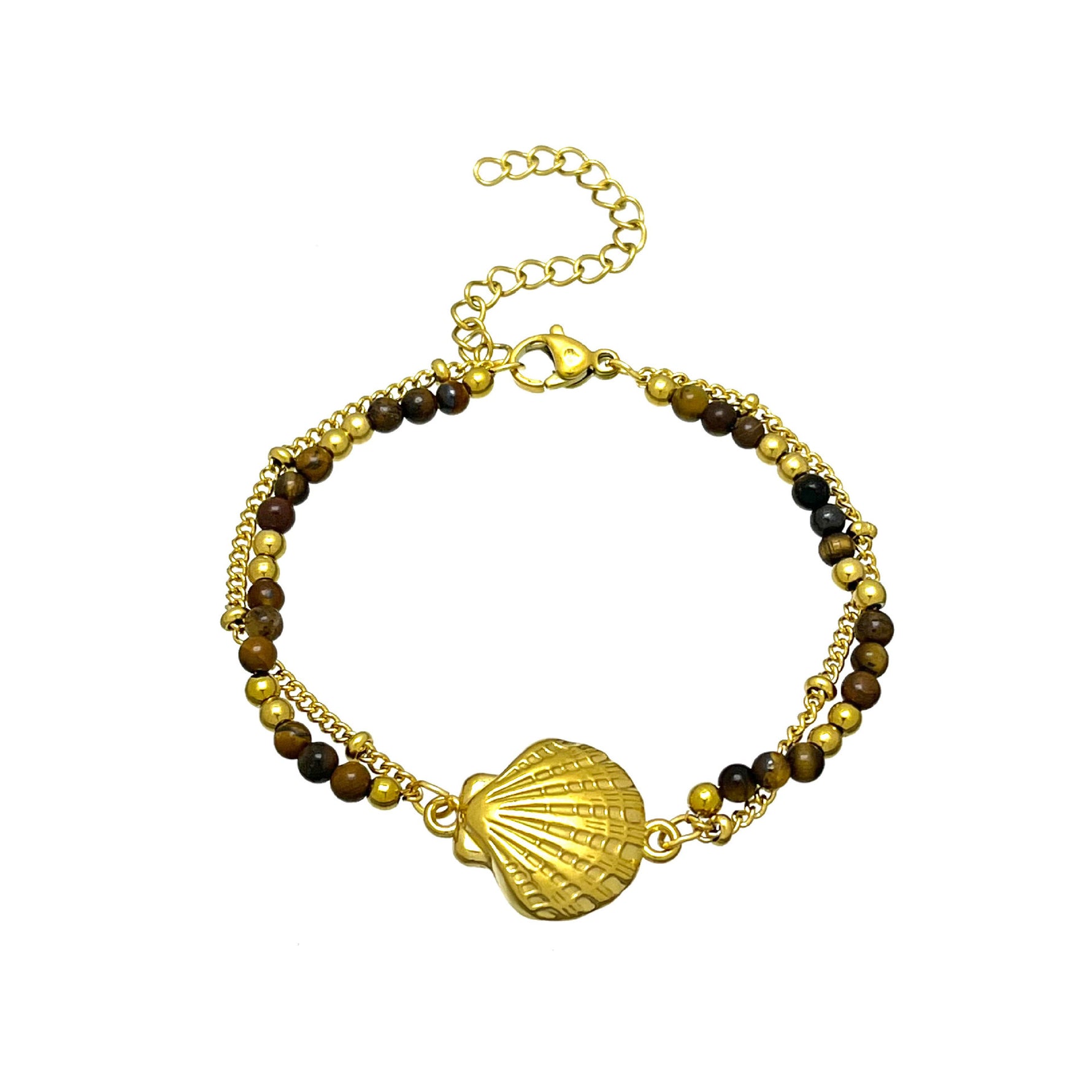Bracelet femme double rang — coquillage et œil de tigre sur acier