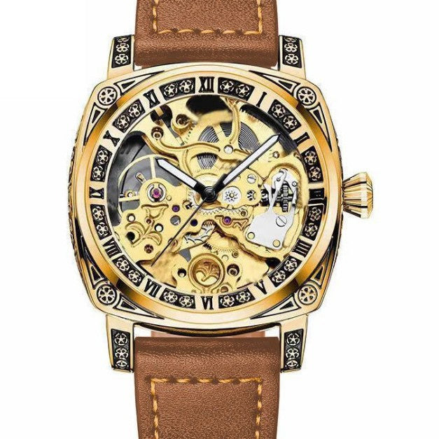 Montre automatique homme à boîtier coussin gravé et cadran squelette