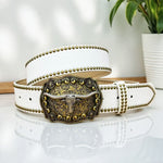 Ceinture homme en cuir clouté — gravure western, boucle appa — coloris