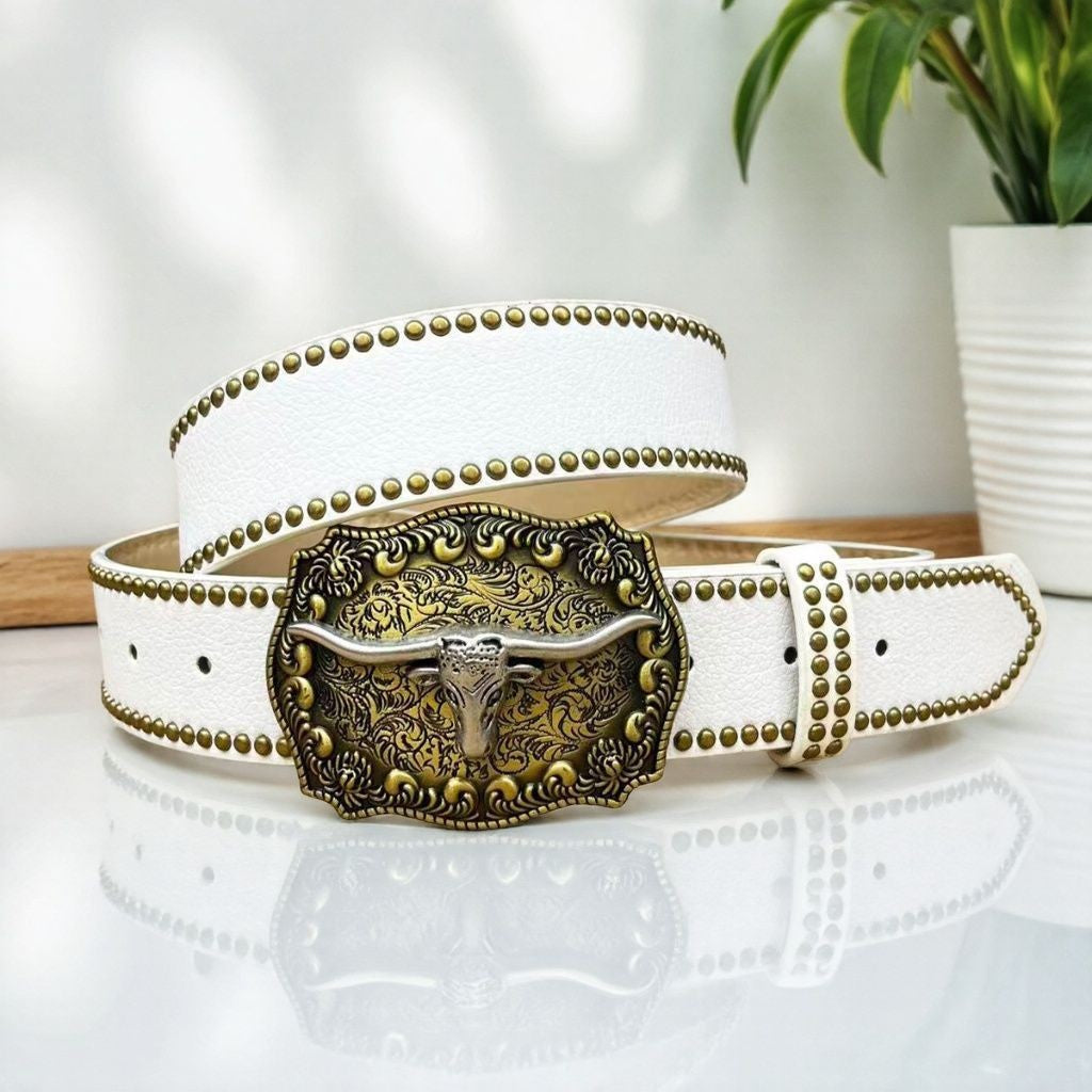 Ceinture homme en cuir clouté — gravure western, boucle appa — coloris