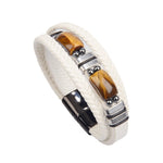 Bracelet homme multi-rangs en cuir et œil de tigre — fermoir acier