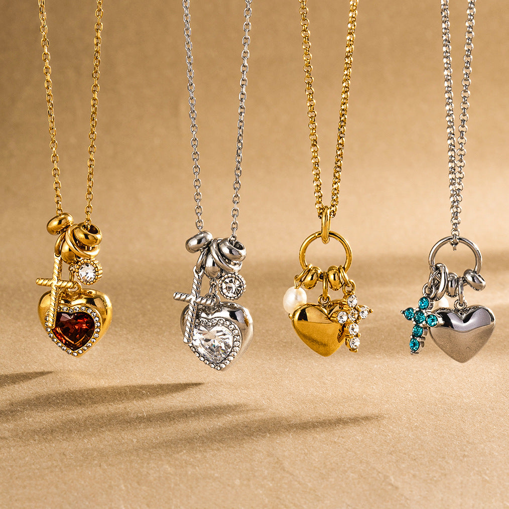 Collier cœur zircon en acier inoxydable — placage or PVD, 4 finitions