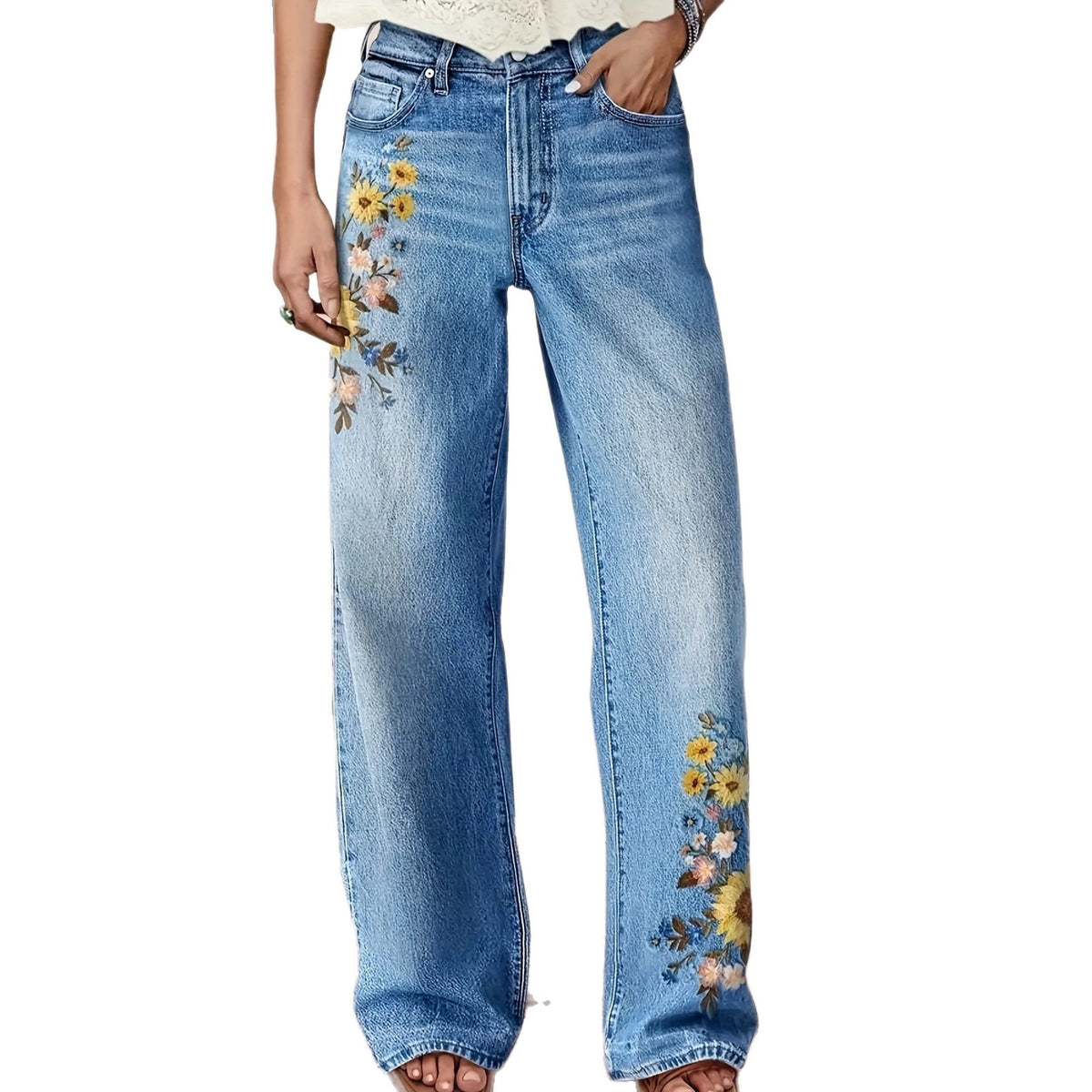 Pantalon large en denim délavé à broderie fleurie